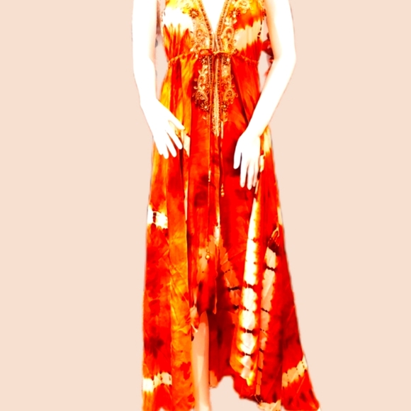 **LAST ONE**MANISH VAID Brn /Vanilla Tie Dye HI Lo Emb. Dress OS NWT - Picture 1 of 8